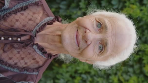 카메라 할머니 개념에 아이비 미소와 울타리에 빈티지 블라우스를 코카서스 할머니의 — 비디오