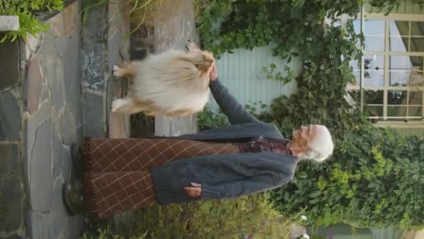 彼女の犬をストロークするコテージに対して立っているヴィンテージの服を着てのおばあちゃんの縦の長いショット おばあちゃんの美学 — ストック動画