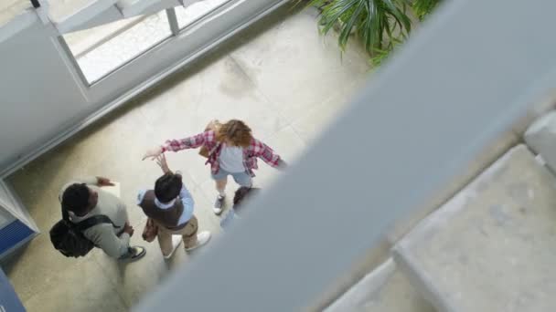 Modern Çok Irklı Jenerasyonunun Iyi Görüntüsü Üniversite Koridorunda Kucaklaşmalar Sıkışmalar — Stok video