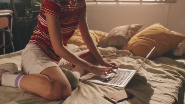 Çıplak Tişörtlü Kıvırcık Bir Kızın Güneşli Yatak Odasında Dizüstü Bilgisayarda — Stok video