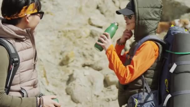 两个亚洲年轻女子 提着背包 喝着一个绿色的热水瓶 站在岩石前 狗跑在后面 拍了一张中镜头 风和阳光 横向视野 — 图库视频影像