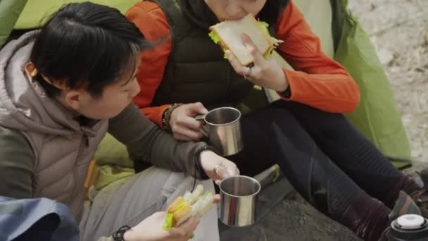 Высокий Угол Обзора Двух Азиатских Подруг Сидящих Входа Палатку Поедающих — стоковое видео