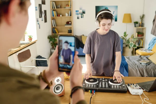 Focus Teenage Girl Casualwear Headphones Creating Music While Rotating Turntables — Stock Photo, Image