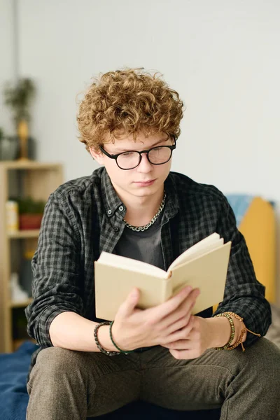 Clever Diligent Schoolboy Eyeglasses Reading Book Stories Novel Textbook Various — Stock Photo, Image