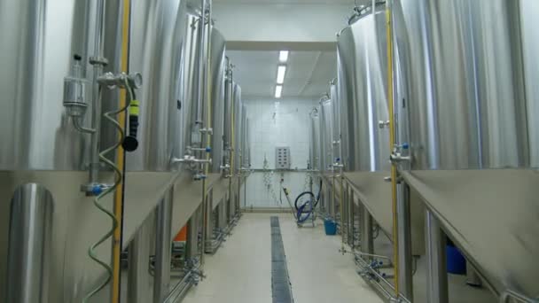 Dollying Shot Rows Numbered Stainless Steel Beer Fermenting Tanks Gauges — Stock video
