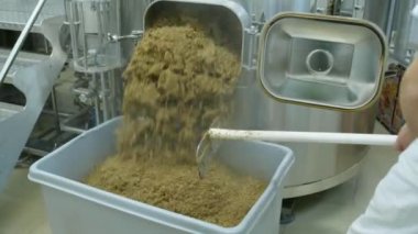 Bira imalathanesinde bira demleme işlemi sırasında Lauter tun 'un dibindeki kapaktan dışarı sızan orta büyüklükte buharlı arpa kadehi ve çapayla tırmıklayan isimsiz bir çalışan.