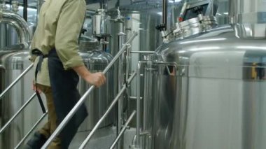 Beyaz erkek bira fabrikası çalışanının önlüklü ve hippi şapkalı orta boy görüntüsü. Kızıl saçlı ve sakallı. Bira evinin merdivenlerinden yukarı çıkıyor.