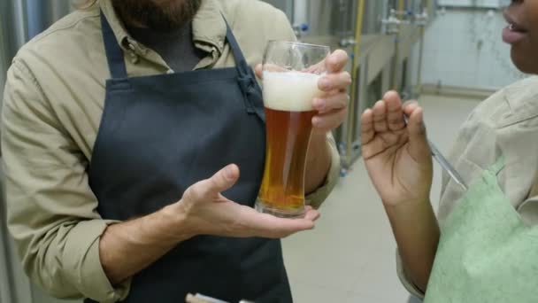 Mittlere Nahaufnahme Von Zwei Glücklichen Unterschiedlichen Mitarbeitern Der Craft Brauerei — Stockvideo