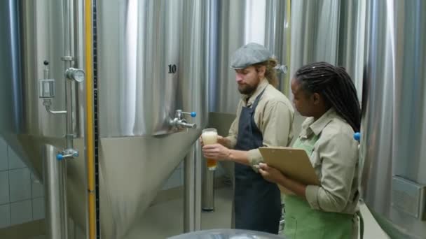 Tiro Medio Diversos Técnicos Cervecería Artesanal Vertiendo Vaso Cerveza Del — Vídeos de Stock