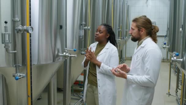 Medelstor Bild Afroamerikansk Kvinnlig Bryggeritekniker Vit Labbrock Som Står Bredvid — Stockvideo