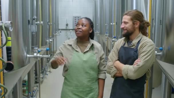 光沢のあるステンレススチール発酵バトンの横に立っているエプロンの2人の陽気で多様な男性と女性の醸造技術者のミディアムショット 機器の作成 チャットと笑顔について話し合う — ストック動画