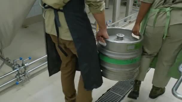 Naklápěcí Zadní Záběr Dvou Zaměstnanců Pivovaru Samčího Samičího Pohlaví Nesoucích — Stock video