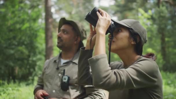 Közepes Közelkép Két Különböző Természetvédelmi Parkőr Khaki Egyenruhában Áll Erdőben — Stock videók