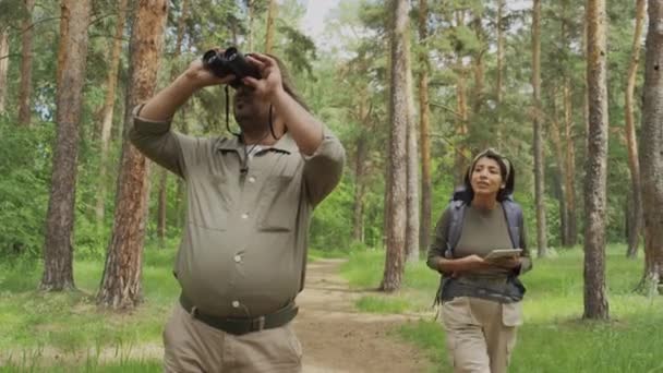 숲에서 쌍안경을 통해보고 태블릿 컴퓨터에 배낭과 디지털지도와 히스패닉 관광객의 방향을 — 비디오