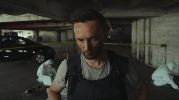 Medium Close Portrait Shot Stressed Caucasian Male Detective Bulletproof Vest — Stock Video