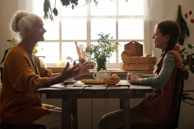 Mutlu büyükanne ve torun, mutfaktaki pencerenin karşısında ahşap masada oturup ev yapımı yemekle çay içip sohbet ediyorlar.