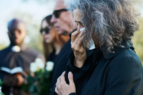 Senior Woman Grey Hair Wiping Tears Handkerchief Funeral Her Relative — Stock Photo, Image