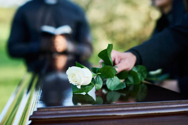 Fresh White Rose Being Put Woman Mourning Attire Top Closed — Stock Photo, Image