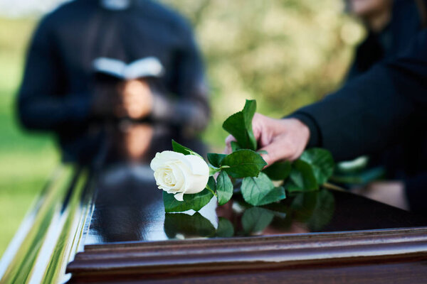 Fresh white rose being put by woman in mourning attire on top of closed coffin lid against priest with open Bible carrying out funeral service