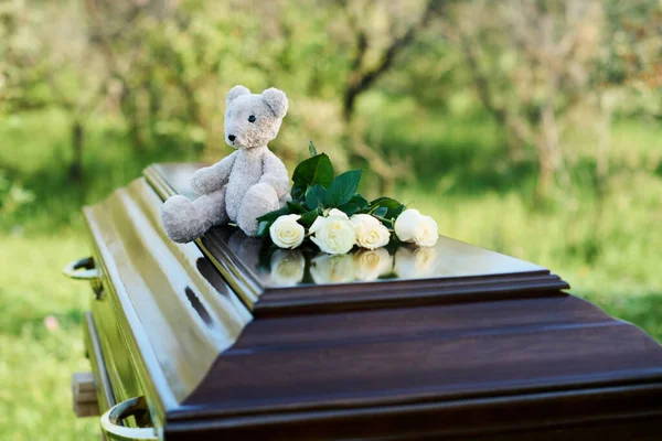 Grey Teddybear Bunch Fresh White Roses Top Closed Lid Coffin — Stock Photo, Image