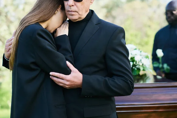 Mature Grieving Father Giving Hug Mourning Daughter Crying His Shoulder — Stock Photo, Image