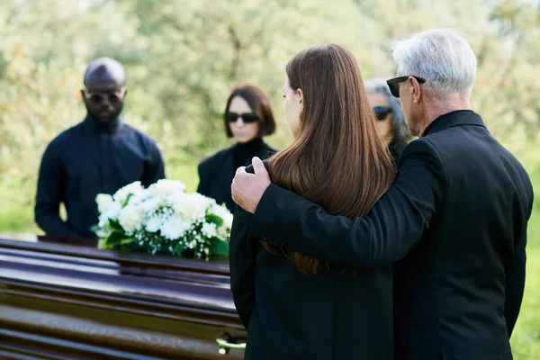 Back View Mature Man Black Suit Embracing His Grieving Daughter — Stock Photo, Image