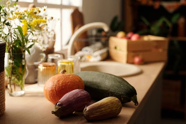 Mutfak Tezgahındaki Olgun Patlıcanlara Kabağa Kabağa Odaklanın Lavabo Vazoda Yabani — Stok fotoğraf