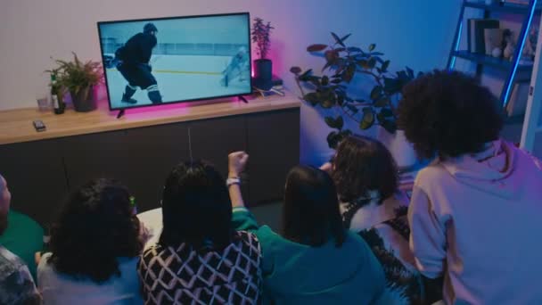 텔레비젼의 소파에 앉아있는 남성과 여성의 그룹의 게임을보고 Whooping 기쁨에 — 비디오