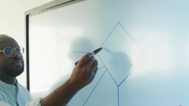 戴眼镜的非洲裔美国男教师在白板上写数学公式 同时在课堂上解释新理论的中等特写镜头 — 图库视频影像