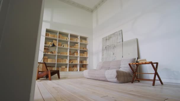 Vue Panoramique Complète Grande Bibliothèque Avec Vaste Bibliothèque Maison Chaise — Video