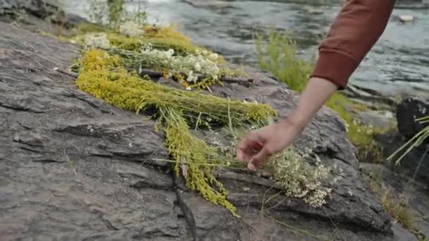 川の隣の石のハーブや花からのヘルプサインを作る認識できない人の閉鎖 — ストック動画