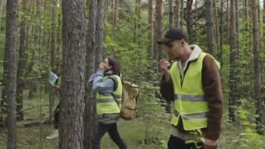 Asit yeşili yelekli profesyonel kurtarma ekibinin gündüz vakti ormanda kayıp turistleri ararken çekilmiş yengeç fotoğrafı.