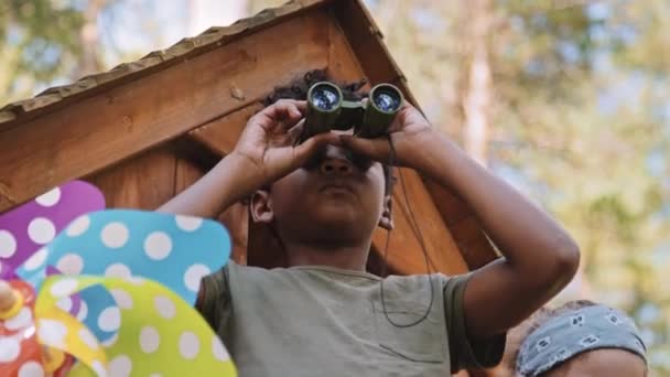 アフリカ系アメリカ人とコーカサス人の小さい年齢の男の子は 日中のツリーハウスでゲームをするふりをする — ストック動画