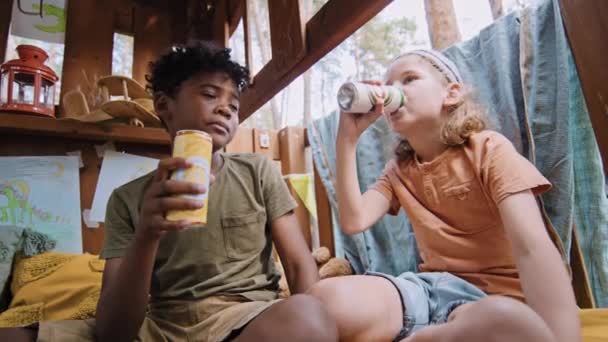アフリカ系アメリカ人とコーカサス人の小さい年齢の低い角度は 缶詰のソーダドリンクを飲み 木造ハウスでお互いを交換する — ストック動画