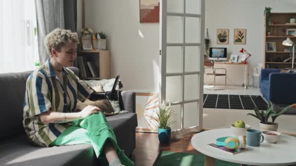 现代的年轻女性 带着假臂坐在客厅的沙发上 用智能手机进行视频通话 — 图库视频影像