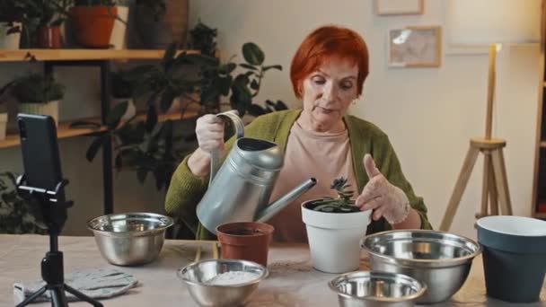 身着绿色羊毛衫的老年妇女坐在桌旁制作视频和浇灌植物的右中镜头 — 图库视频影像
