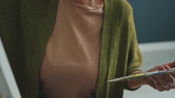 Kippbild Einer Älteren Kaukasischen Frau Die Ölfarbe Mit Pinsel Von — Stockvideo