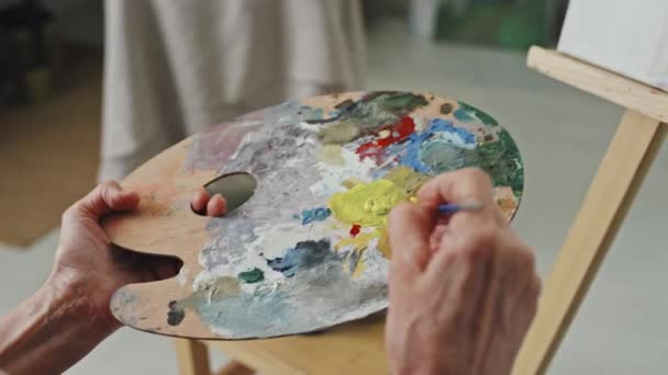 Focus Hands Unrecognizable Woman Holding Palette Oil Paint Taking Paintbrush — Stock Video