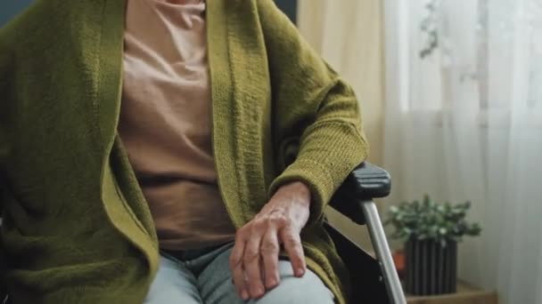 白天坐在轮椅上的老年妇女双手皱巴巴地坐在客厅里 — 图库视频影像
