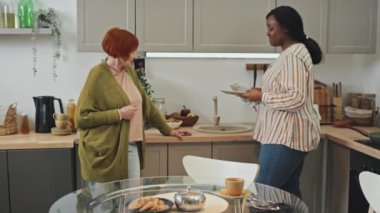 Orta boy beyaz bir kadının, Afrika kökenli Amerikalı genç bir kadınla konuşurken, havluyla bulaşıkları silerken, ikisi de gündüz vakti mutfakta dururken.