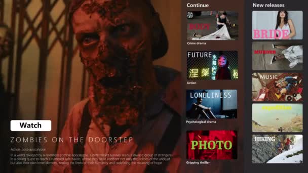 Highlights Des Zombie Films Auf Dem Auswahlbildschirm Der Streamingdienst App — Stockvideo