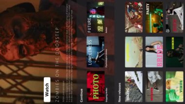Zombi filminin özetini seçili ekranda görüntüler, dikey görüntü - metal kapının arkasında el yordamıyla dolaşan zombilerin yakın çekimleri, eski binadaki kurbanı kovalama, ve kadın boksör bandajı yaraları