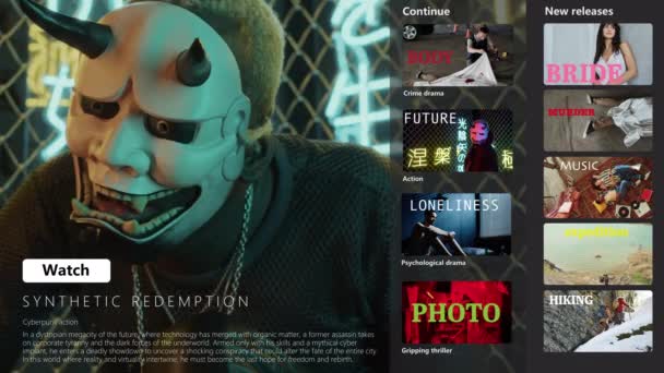 Trailer Cyberpunk Movie Streaming Service App Borotvált Fejét Dystopian Tájak — Stock videók