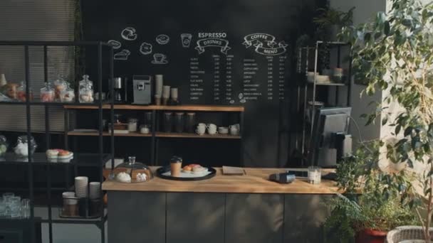 Brak Zdjęć Osób Części Przytulnego Wnętrza Małej Kawiarni Ladą Dania — Wideo stockowe
