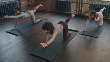 Tavan arasındaki minderlerde yoga yapan iki genç kadın ve profesyonel eğitmenin yüksek açılı görüntüsü.