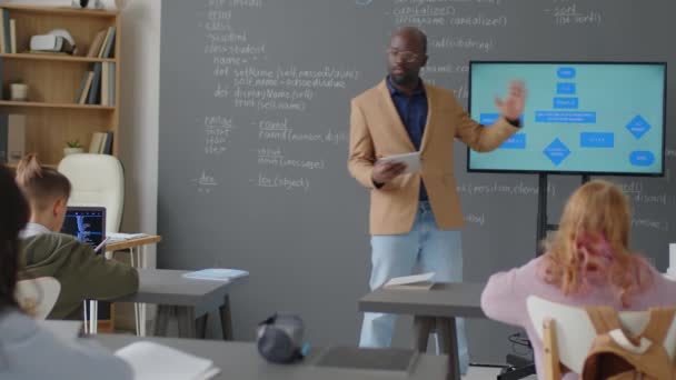 Pełne Ujęcie Męskiego Nauczyciela Afroamerykańskiego Stojącego Przed Klasą Trzymającego Tabletkę — Wideo stockowe