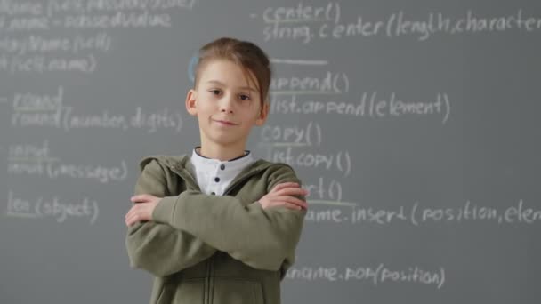 Slowmo Portrait Elementary School Caucasian Boy Standing Front Blackboard Classroom — Stock Video