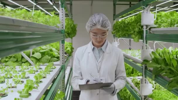 アジアの農業科学者のスローモの肖像画 実験室の植物でいっぱいの垂直ラックの間に立って文書でノートを作る — ストック動画