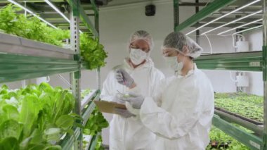 Laboratuvarda bitki örneği üzerinde test yapan çok ırklı iş arkadaşlarının Dolly 'si sonuçları tartışıyor.