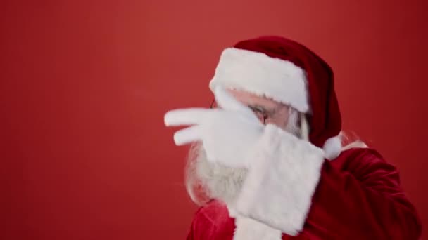 Primo Piano Medio Babbo Natale Abito Rosso Cappello Punta Occhiali — Video Stock